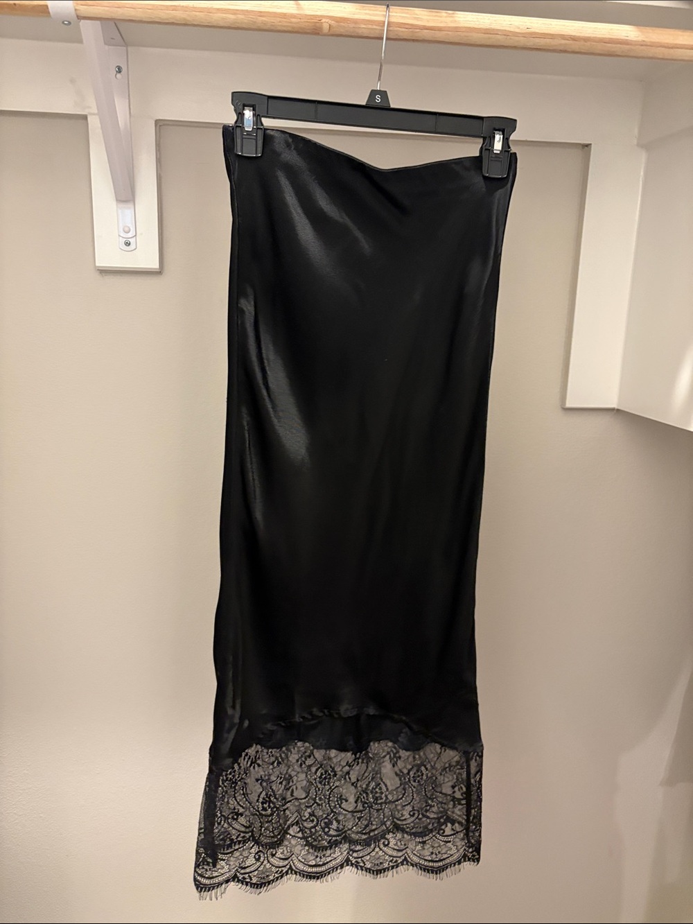 Love Culture Black Satin Midi Skirt with Lace Hem